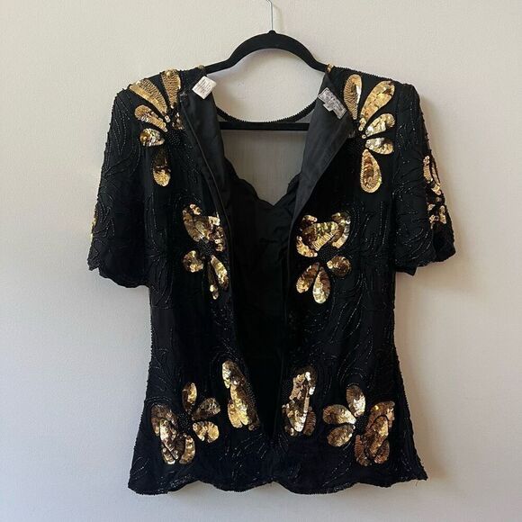 Stenay Women's Black & Gold Floral Sequin Beaded Short Sleeve Blouse Size Small - Picture 9 of 10